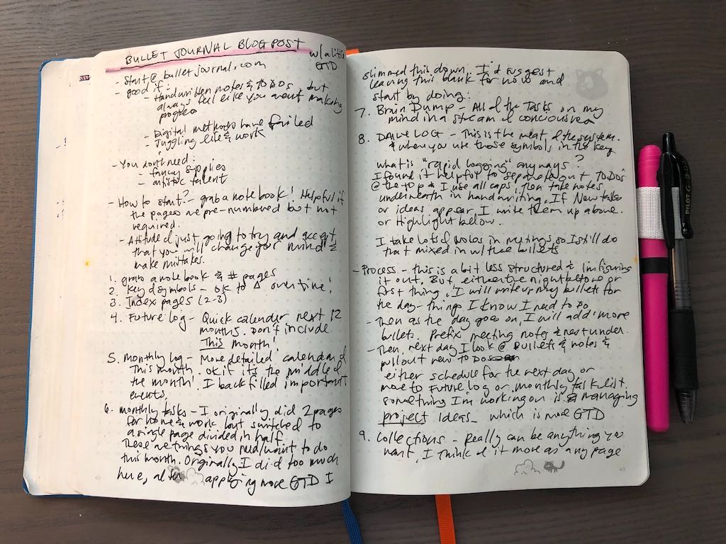My notes for this blog post about bullet journals, as written in my bullet journal. Bujo-ception!